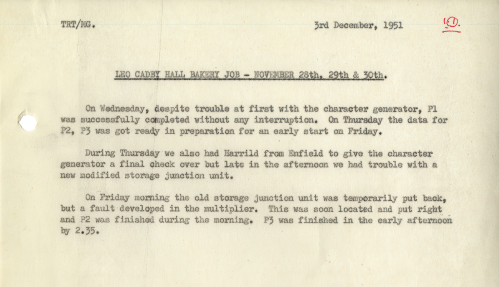 David Caminer, Director of LEO Computers, note about the three-day run of LEO before completing the task on 30 November at 14:35